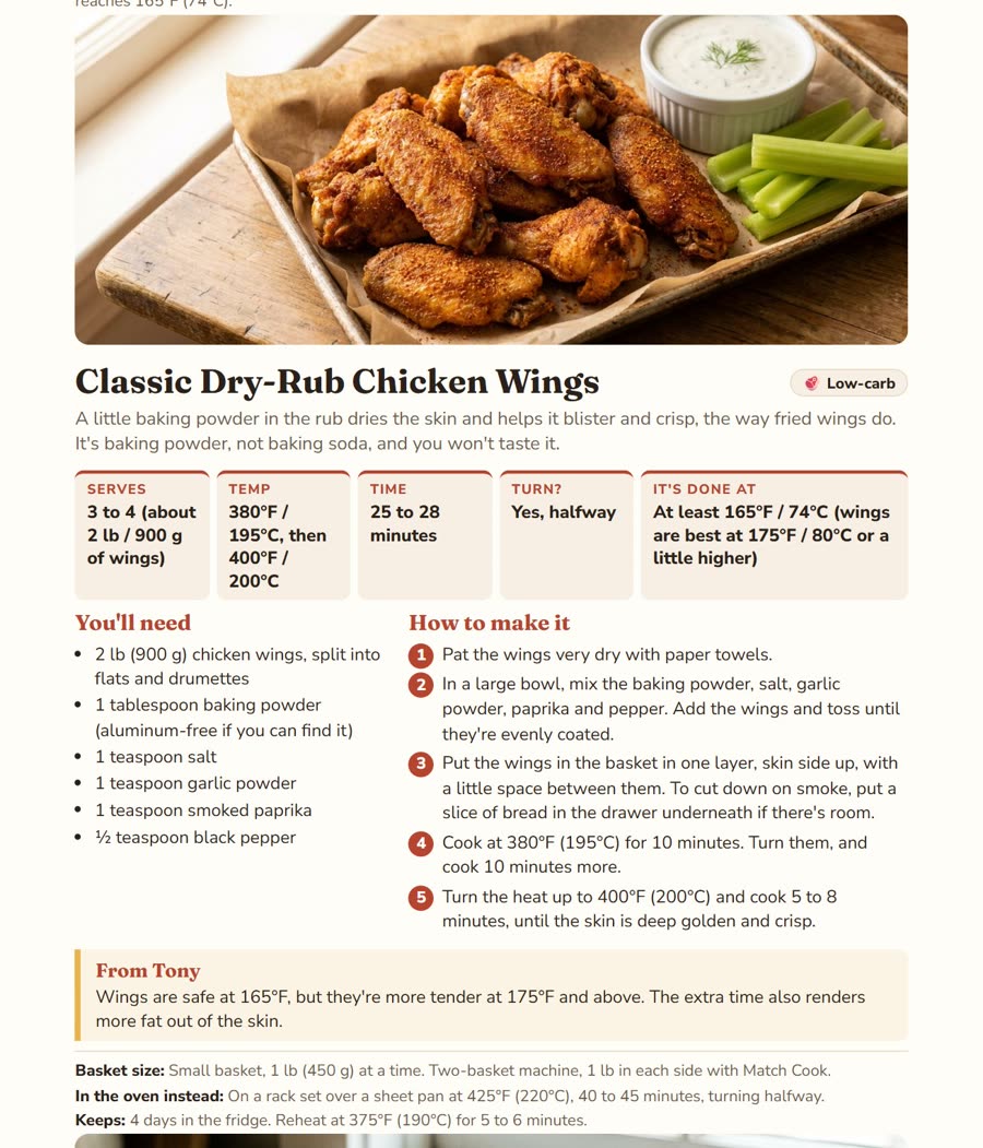 Recipe page: Classic Dry-Rub Chicken Wings