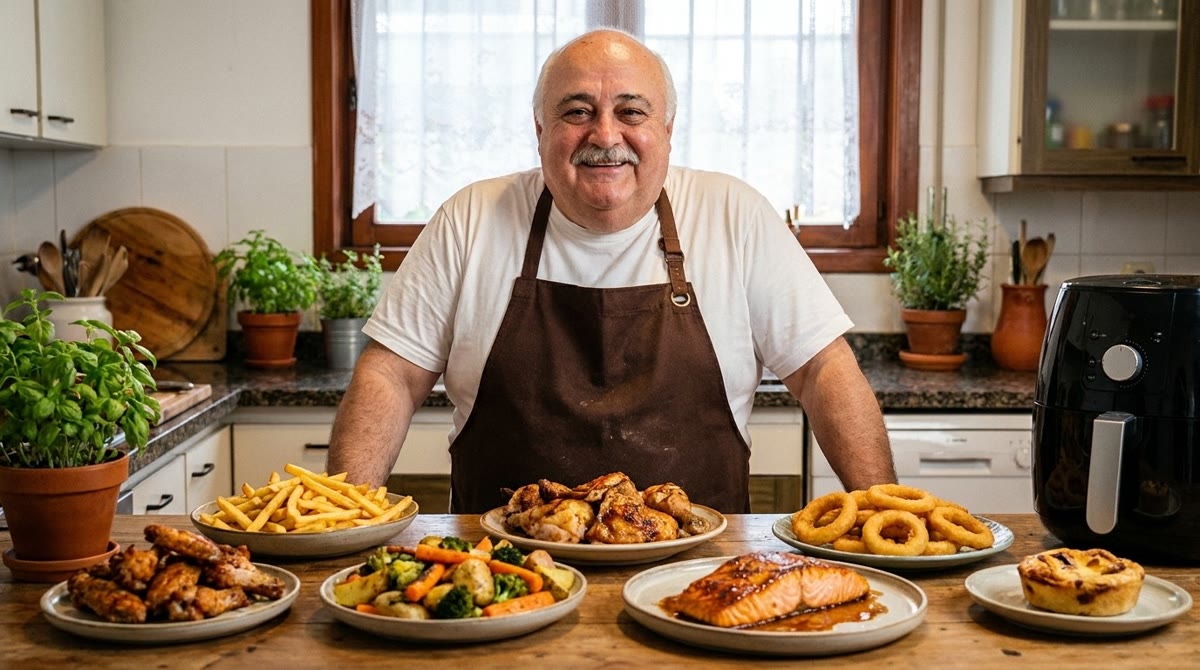 Chef Tony in his kitchen with an air fryer and a table of food